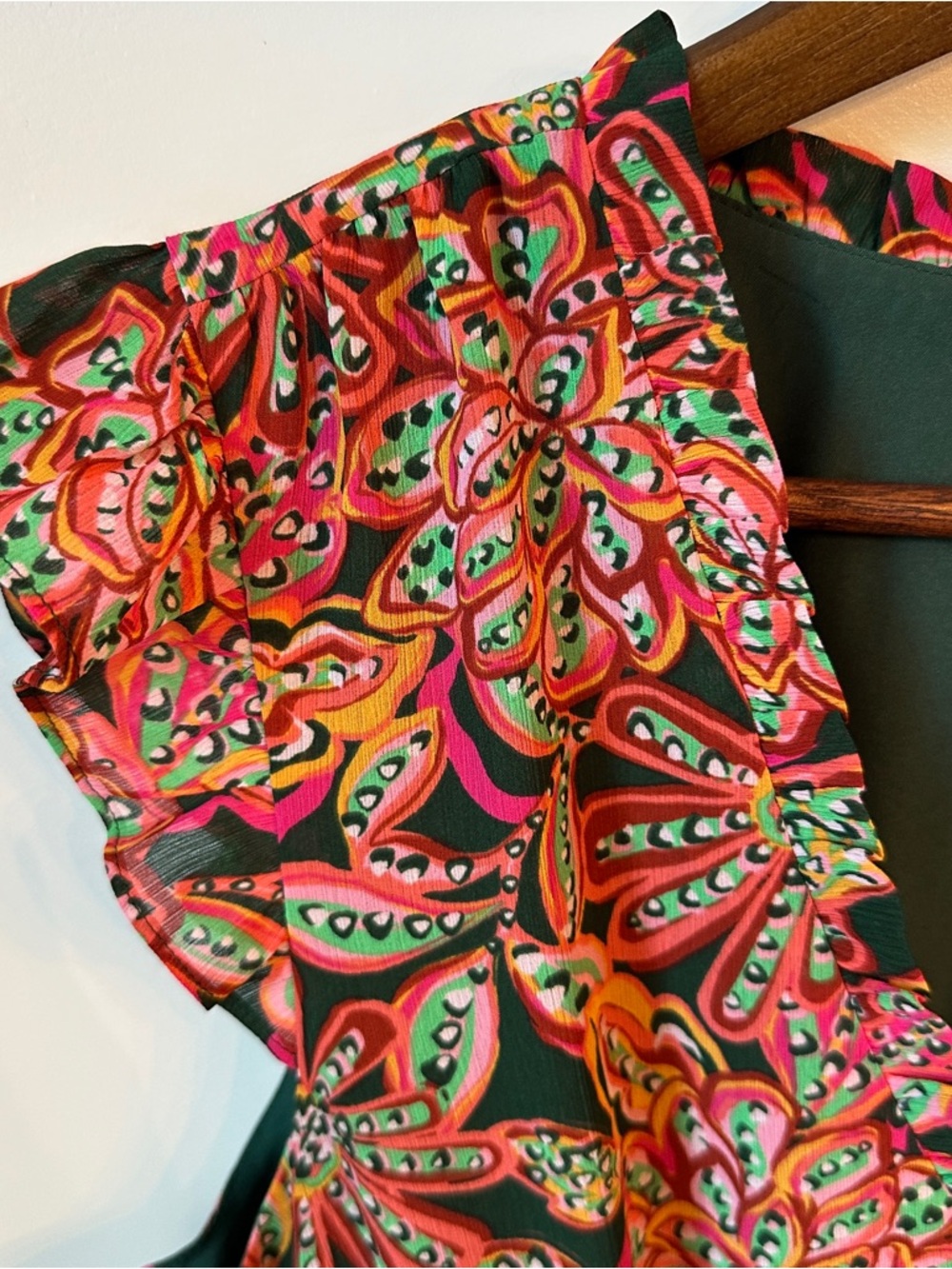 J. Crew Green Paisley V-Neck Blouse with Pink & Orange Accents - Picture 3 of 5